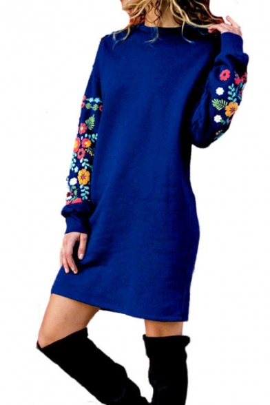 Stylish Womens Flower Printed Long Sleeve Crew Neck Short Shift Dress
