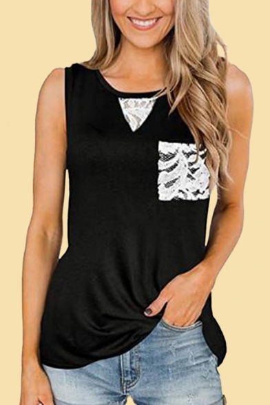 Stylish Womens Patchwork Cut Out Chest Pocket Round Neck Sleeveless Loose Fit Tank Top