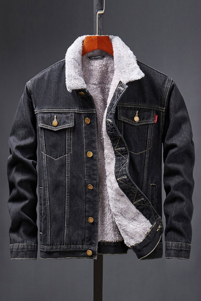 Trendy Men's Jacket Contrast Stitching Lined Long Sleeves Acid Wash Button Closure Pocket Spread Collar Fitted Denim Jacket