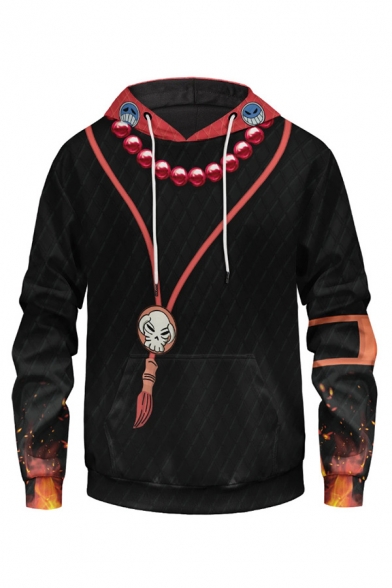 Trendy Skull 3D Print Contrasted Long Sleeve Drawstring Pouch Pocket Loose Hoodie in Black