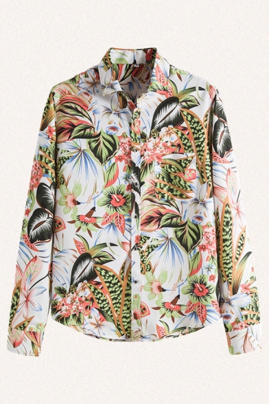 Tropical Style Shirt Mixed Leaf Floral Tree Printed Chest Pocket Button down Regular Fit Long Sleeve Spread Collar Shirt for Men