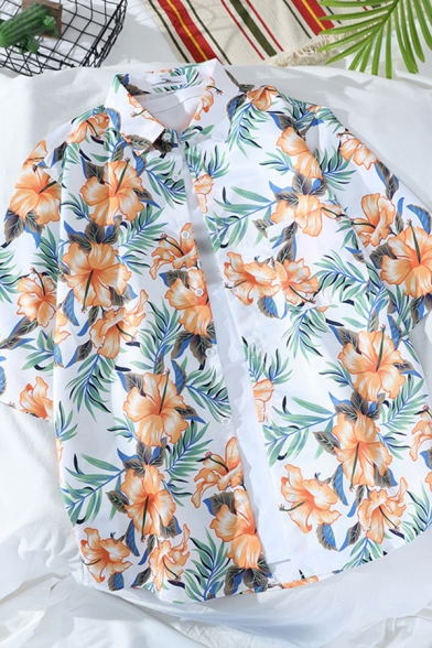 Vintage Mens Shirt Hibiscus Pattern Button-down Half Sleeve Turn-down Collar Loose Fit Shirt