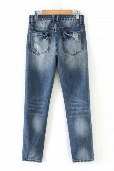 Vintage Womens Jeans Medium Wash Distressed Zipper Fly Regular Fit 7/8 Length Tapered Jeans