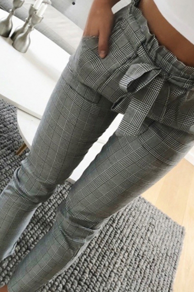 Vintage Womens Pants Houndstooth Pattern Bud Bow-Knot Waist Tapered Cropped Relaxed Slim Fit Pants