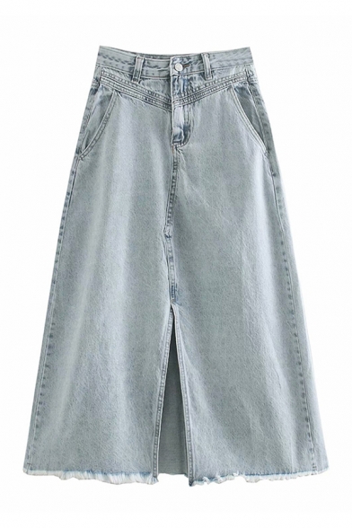 

Womens Fashion Maxi Skirt Frayed Hem Slit-front Pockets High-rise Zip Placket A-Line Denim Skirt with Washing Effect, Blue, LM696735