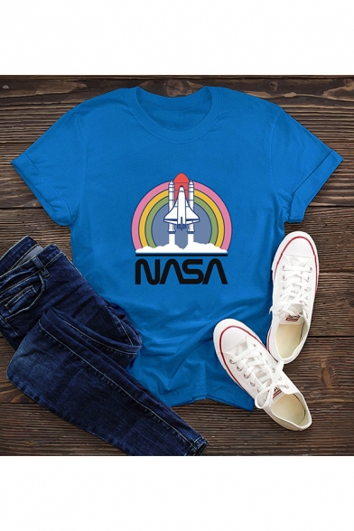 Womens Fashion Rocket Letter Nasa Printed Round Neck Roll Up Short Sleeve Regular Fitted Graphic T-Shirt