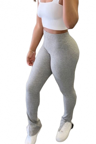Womens Grey Pants Chic Mention Hip Split Cuffs High Rise Long Skinny Fitted Jogger Pants