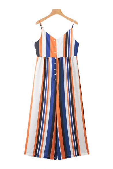 Womens Jumpsuits Creative Vertical Striped Printed Front Button Detail Strap Loose Fitted Sleeveless Long Jumpsuits