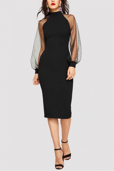 Womens New Fashion Star Mesh Patched Long Sleeve Round Neck Black Midi Pencil Dress