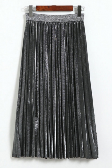 Womens Pleated Skirt Trendy Metallic Gloss High Elastic Rise Maxi Pleated Skirt
