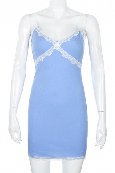 Womens Sexy Lace Panel Straps Sleeveless Blue Mini A-Line Slip Dress