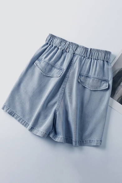 Womens Shorts Creative Tencel Twill Flap Pocket Decoration High Elastic Waist Regular Fitted Denim Shorts