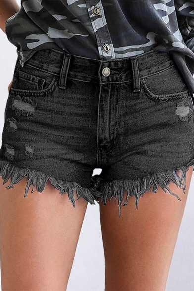 Womens Shorts Fashionable Frayed Hem Ripped Regular Fitted Zipper Fly Denim Shorts with Washing Effect