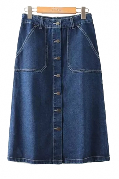 dark wash midi jean skirt