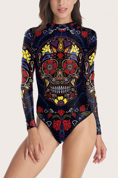 Basic Womens 3D One-Piece Swimsuit Skull Head Floral Vine Heart Printed Long Sleeve Mock Neck One-Piece Swimsuit