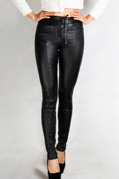 Basic Womens Jeans Plain Lace-up Front PU Leather Slim Fit 7/8 Length Tapered Pants in Black
