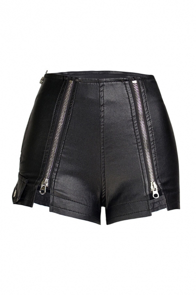 Basic Womens Shorts Black Solid Color PU Leather Oblique Zipper Split Hem Regular Fitted Relaxed Shorts