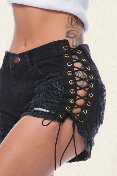 Basic Womens Shorts Distressed Side Lace-up Embellished Slim Fitted Zipper Fly Denim Shorts