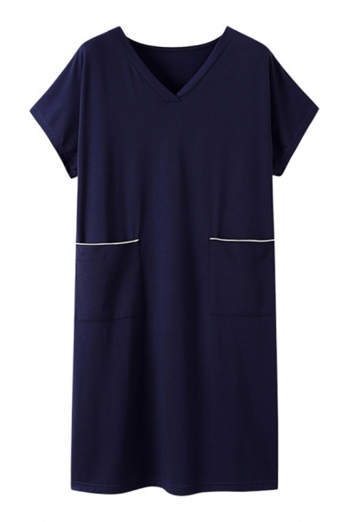 Blue Casual Two-Pocket V Neck Short Sleeve Midi Shift T Shirt Nightdress for Women