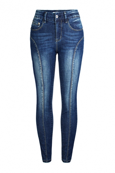 Blue Cool Womens Jeans Medium Wash Mid Waist Zipper Fly Ankle Length Slim Fit Tapered Jeans
