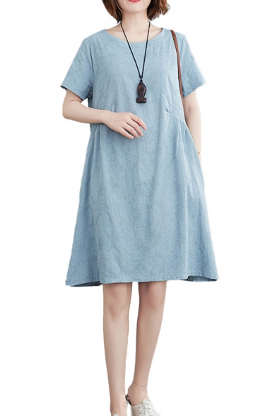 Casual Jacquard Pleated Round Neck Short Sleeve Mini Swing T Shirt Dress for Women