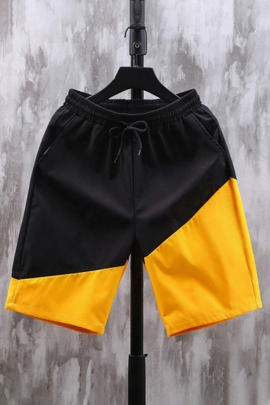 Chic Mens Shorts Colorblock Pocket Drawstring Cuffed Mid Rise Fitted Shorts
