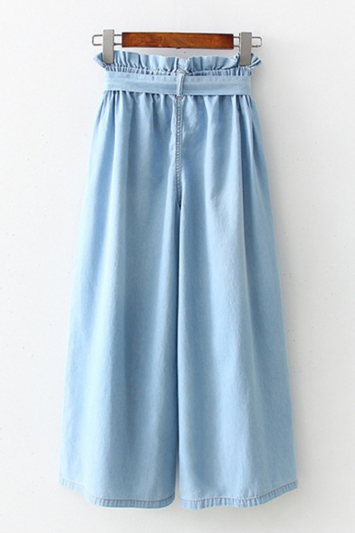 Chic Pants Plain Bow Pleated High Waist Elastic Stitch Paperbag Waist Full Length Wide Leg Denim Pants for Ladies