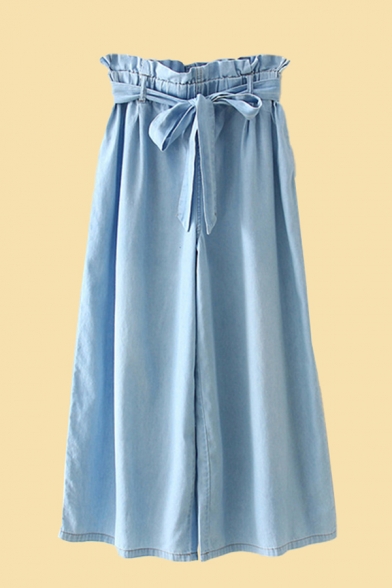 Chic Pants Plain Bow Pleated High Waist Elastic Stitch Paperbag Waist Full Length Wide Leg Denim Pants for Ladies