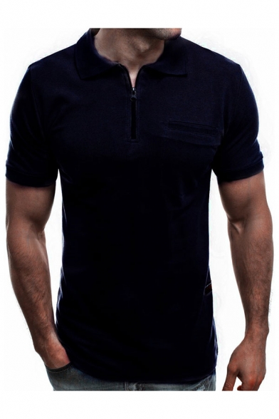 Chic Polo Shirt Solid Color Zipper Patched Detail Spread Collar Short Sleeve Chest Pocket Slim Fit Polo Shirt for Men