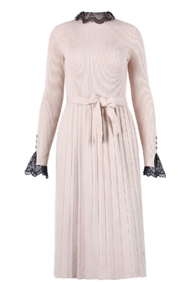 Chic Womens Lace Trimmed Long Sleeve Crew Neck Knit Bow Tied Waist Mid A-line Sweater Dress