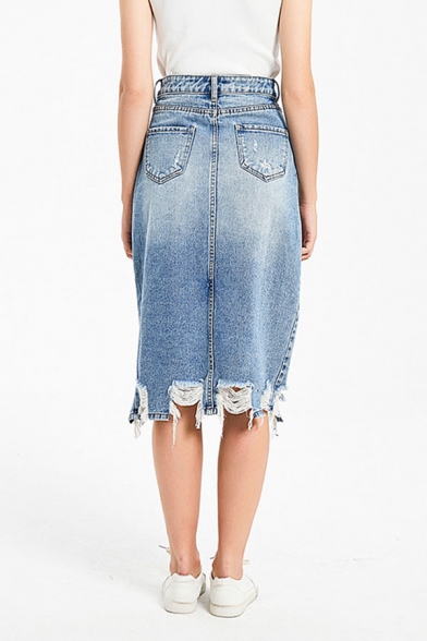 Classic Blue Womens Skirt Medium Wash Asymmetric Frayed Hem Zipper Fly Knee-Length Denim Skirt