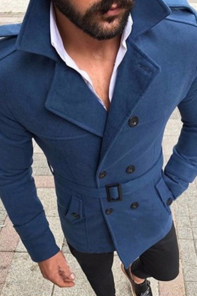 Classic Mens Trench Coat Solid Color Woolen Epaulets Buckle Belted Button Detail Notched Lapel Collar Slim Fitted Long Sleeve Trench Coat