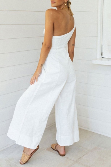 Classic Womens Jumpsuits Plain Buckle Embellished Sleeveless One Shoulder Regular Fitted Long Wide Leg Jumpsuits