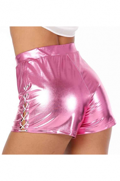 Club Girls Lace Side High Rise Metallic Skinny Shorts