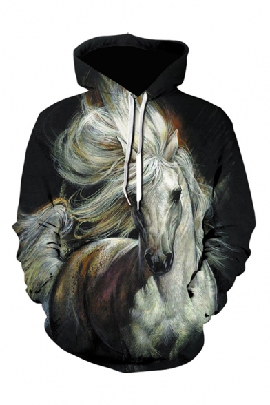 Cool Mens 3D Hoodie Animal Brown Horse Pattern Drawstring Full Sleeve Regular Fitted Hooded Sweatshirt with Pocket