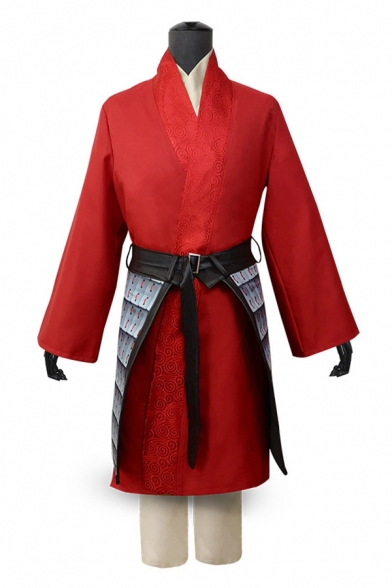 Cosplay Costume Applique Long Sleeve Surplice Neck Tied Patched Longline Wrap Coat in Red