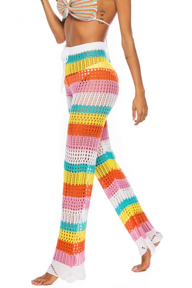 Dainty Trousers Rainbow Stripe Print High Waist Drawstring Waist Cut-out Long Length Knit Wide-leg Trousers for Women