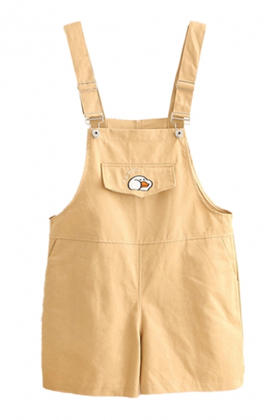Dressy Ladies Overalls Duck Embroidery Pocket Button Regular Fit Short Overalls
