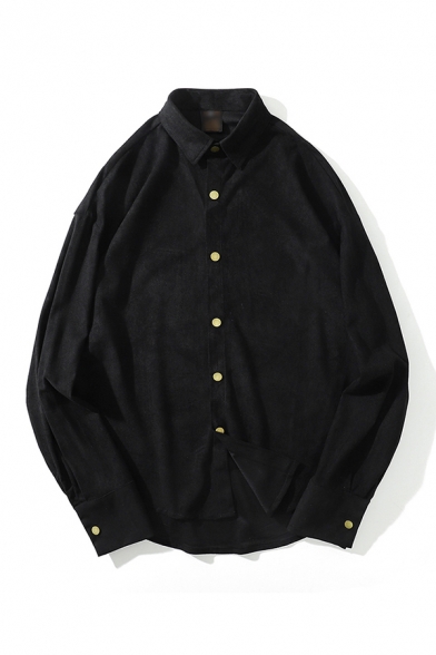 ens Shirt Casual Plain Suede Curved Hem Point Collar Button-down Relaxed Fit Long Sleeve Shirt