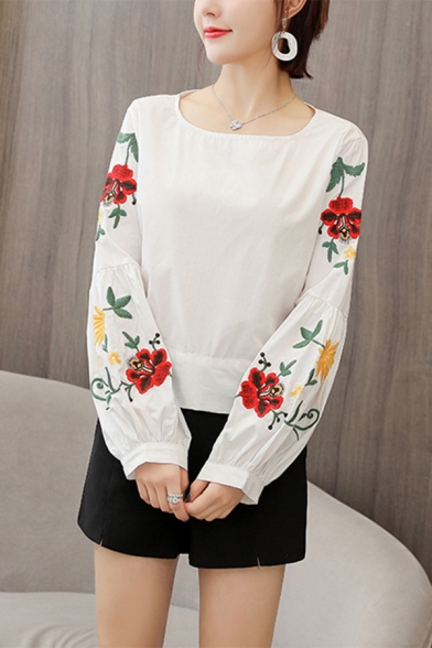 Fashion Bow Tie Back Floral Embroidered Long Sleeve Round Neck Loose Blouse