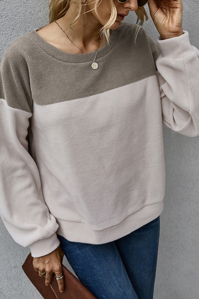 Fashion Colorblock Long Sleeve Crew Neck Loose Fit T-shirt for Ladies