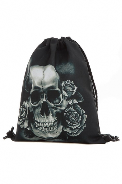 Halloween Skull 3D Print Black Polyster Drawstring Backpack 39*30CM