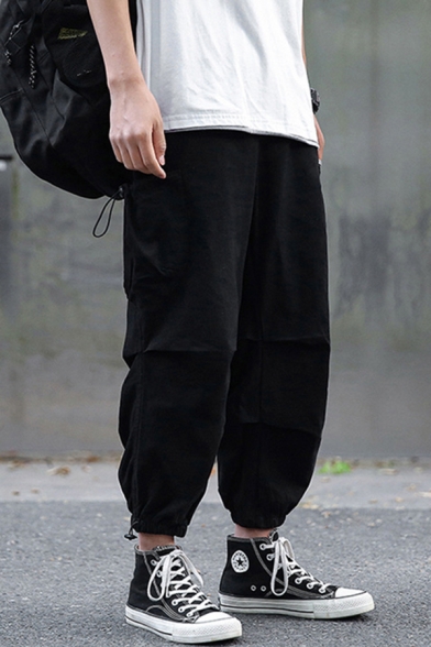 Hip Hop Boys Solid Color Drawstring Waist Patched Pockets Ankle Length Bungee Cuffs Harem Cargo Pants