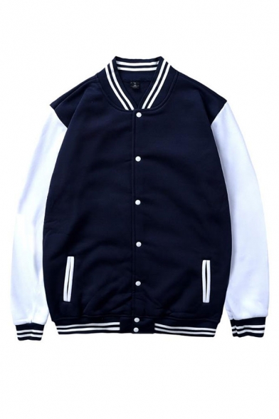 Color Block Contrast Striped Printed Button Down Long Sleeve Baseball Jacket
