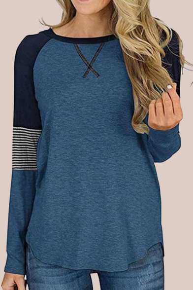 Leisure Womens Striped Color Block Curved Hem Crew Neck Long Sleeve Relaxed Fit Tee Top
