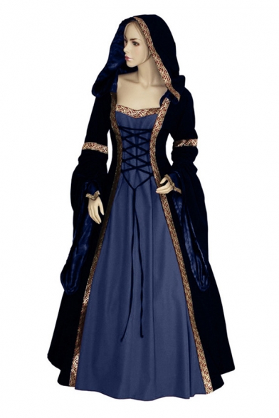 

Medieval Velvet Patchwork Long Sleeve Hooded Lace-up Front Floral Trim Maxi Fit & Flared Dress for Ladies, Brown;burgundy;green;dark blue, LC701527