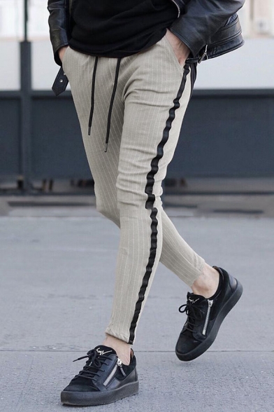 Mens Active Pinstripe Printed Drawstring Waist Side Stripe Skinny Fit Sport Pants