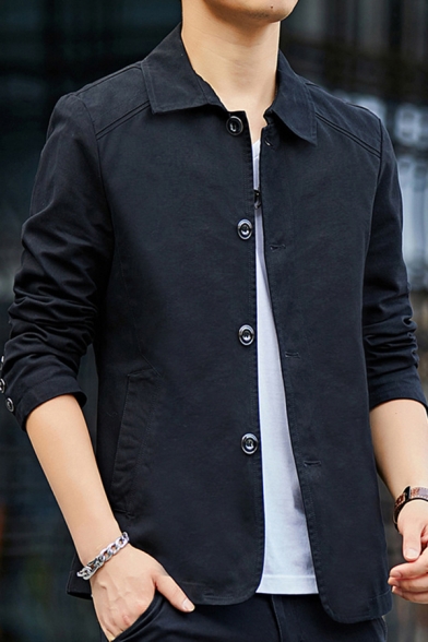 Mens Jacket Trendy Solid Color Panel Button-down Long Sleeve Turn-down Collar Slim Fitted Shirt Jacket