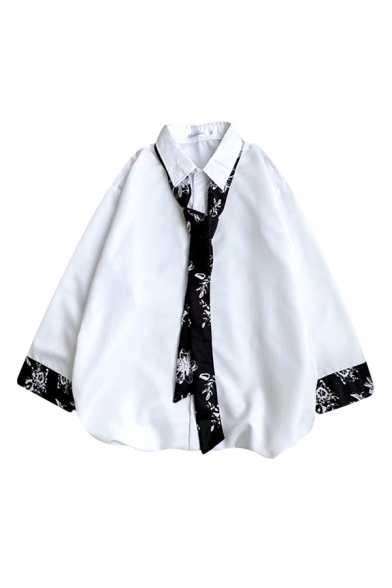 Mens Shirt Stylish Contrasted Flower Pattern Button-down 3/4 Sleeve Spread Collar Loose Fit Shirt with Tie