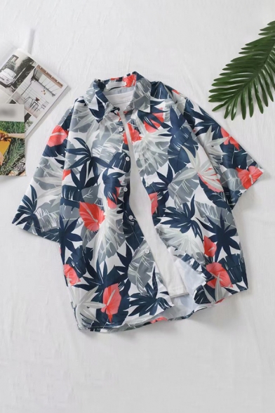Mens Shirt Unique Leaf Anthurium Pattern Button-down Half Sleeve Spread Collar Loose Fit Shirt